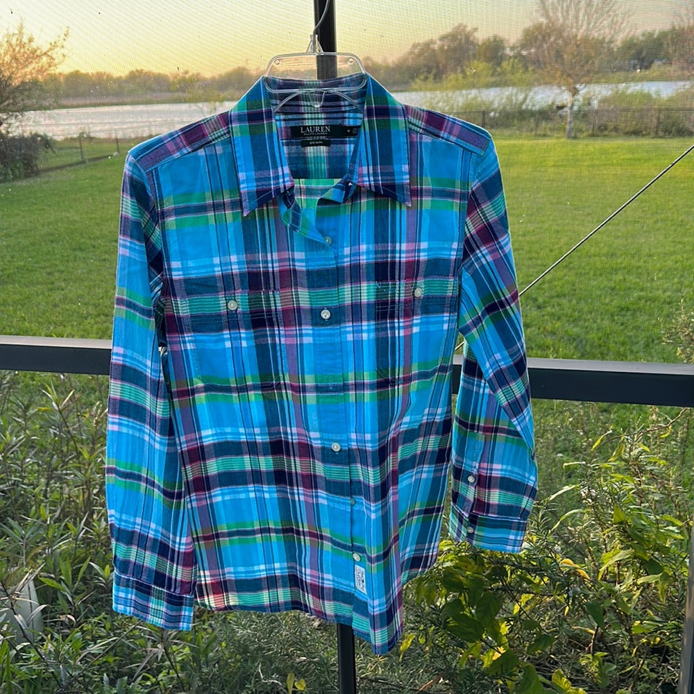 Ralph Lauren blue plaid button down shirt blouse